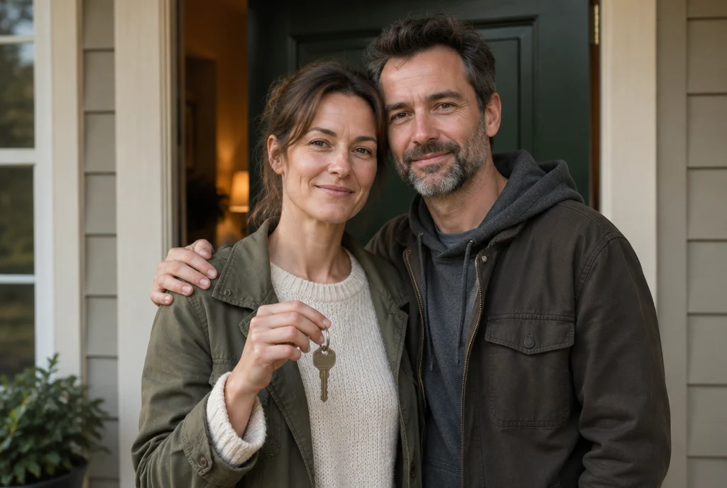 Illustrative scene of a couple holding the keys to their new home